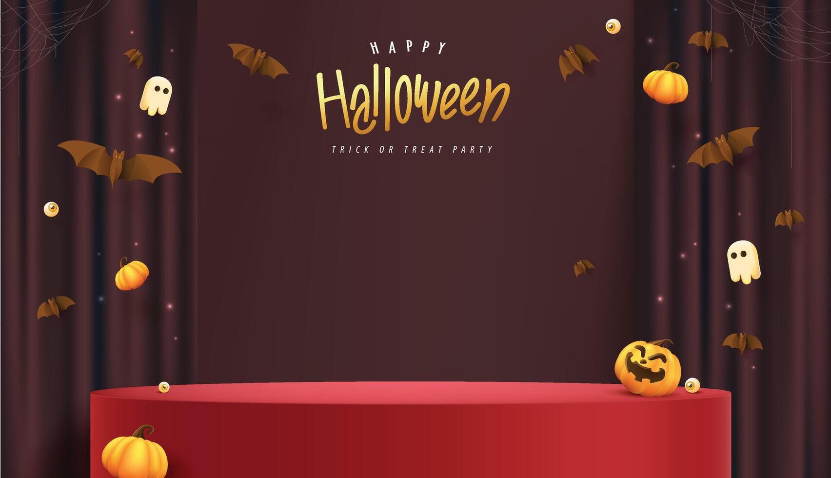gelukkig halloween banier met stadium Product Scherm cilindrisch vorm en feestelijk decoratie voor halloween vector