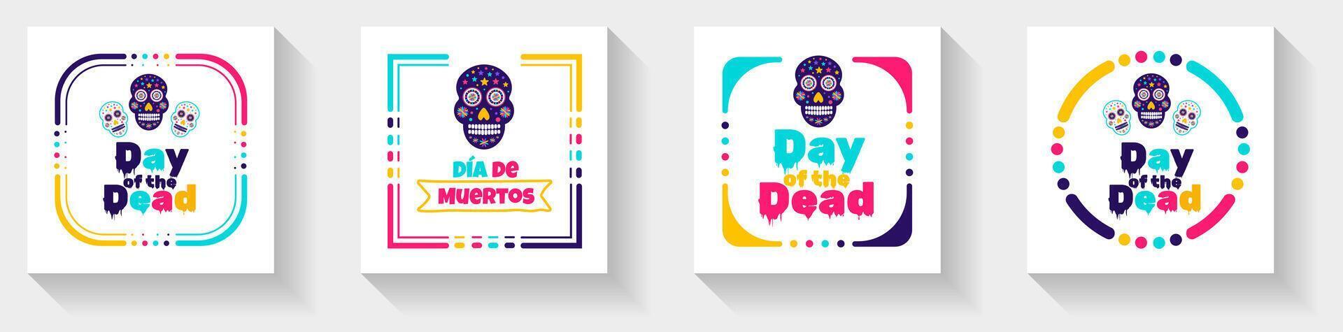 dag van de dood, dia de los muertos, dia de Muertos kleurrijk Mexicaans schedel kunst sociaal media post banier of sticker ontwerp sjabloon set. traditioneel Mexicaans vakantie poster, partij folder, kaart, banier vector