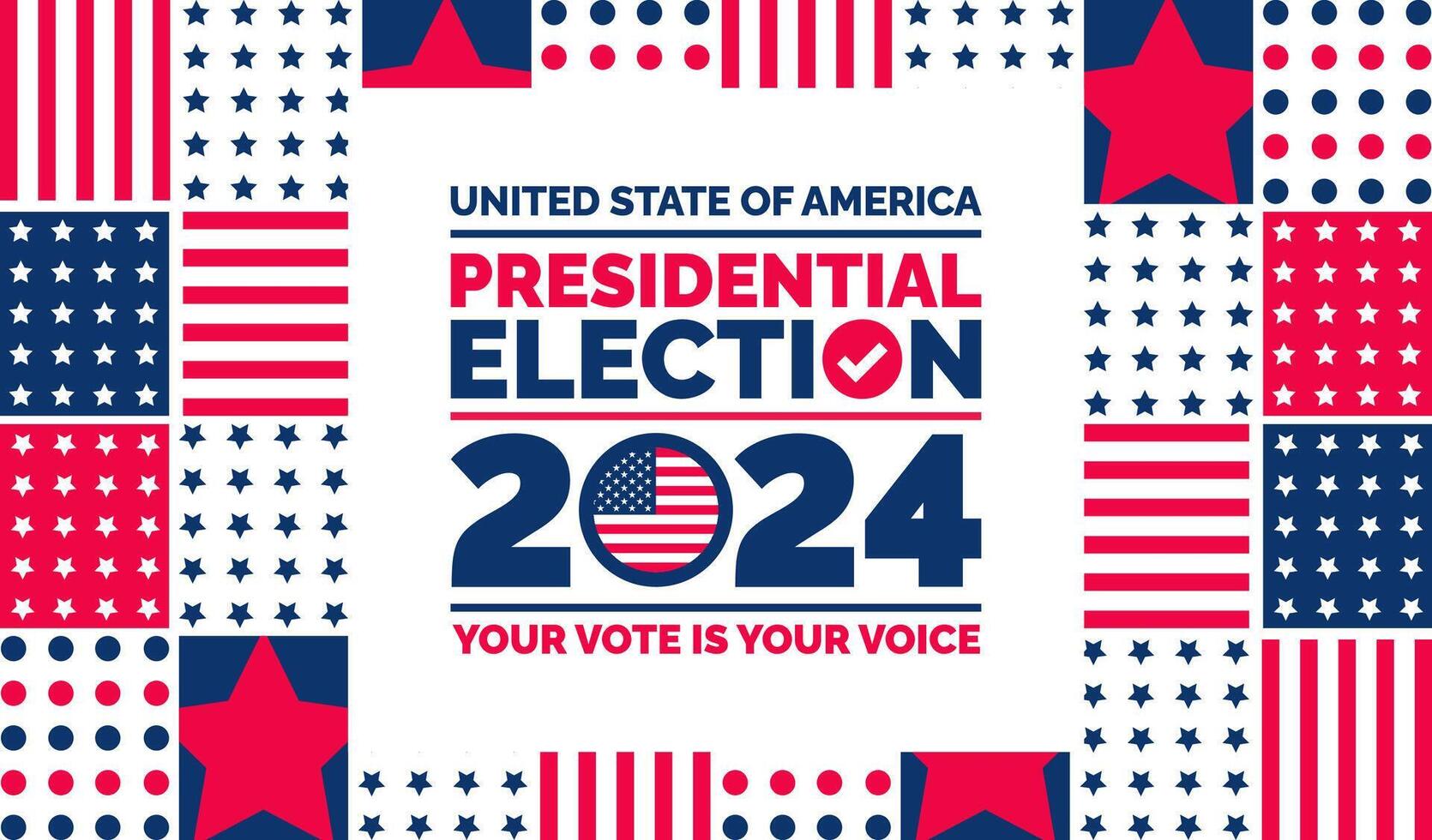 presidentieel verkiezing 2024 achtergrond ontwerp sjabloon met Verenigde Staten van Amerika vlag. stemmen in Verenigde Staten van Amerika vlag banier ontwerp. verkiezing stemmen poster. president stemmen 2024. politiek verkiezing 2024 campagne achtergrond. vector