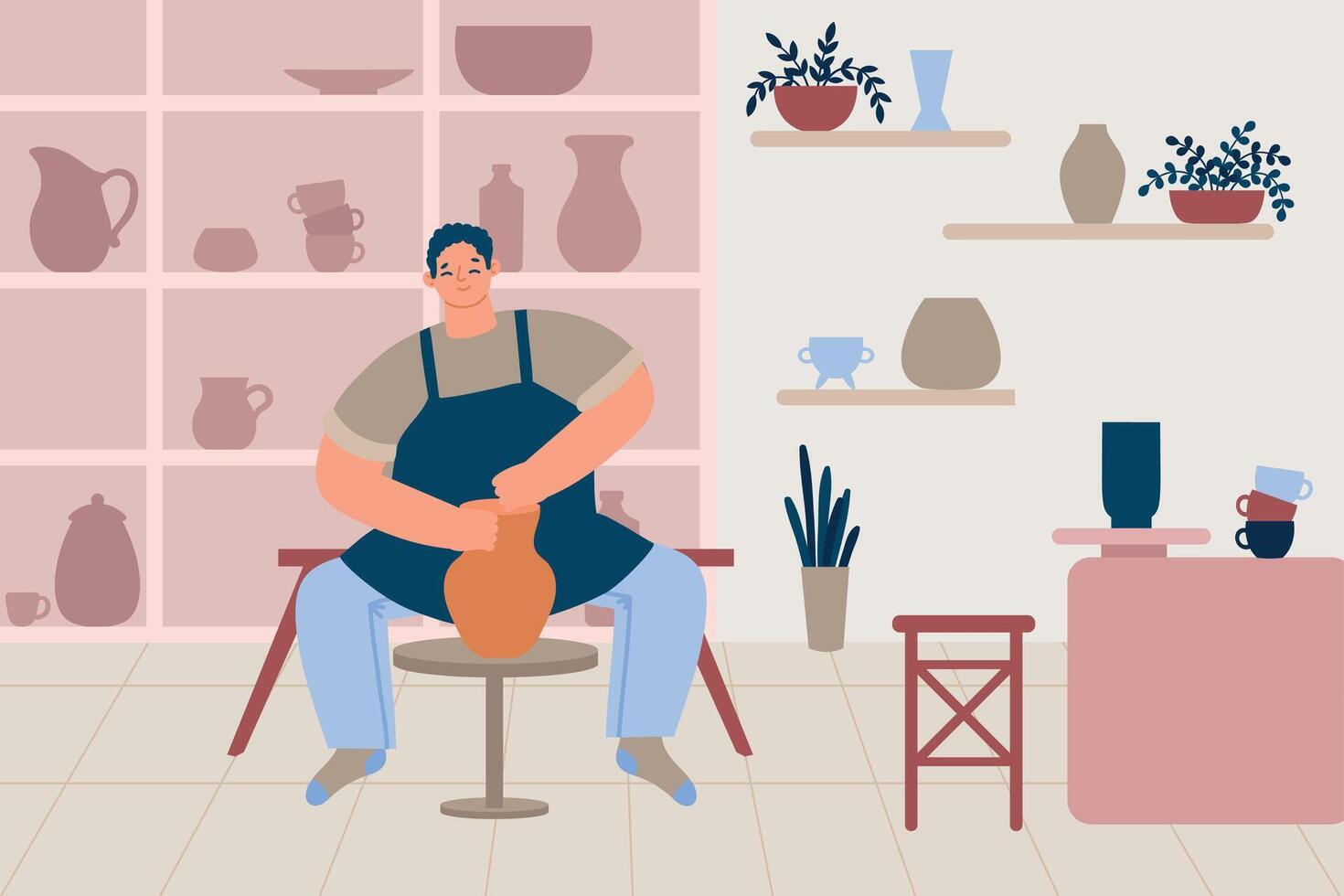 pottenbakkerij hobby, keramisch ambacht meester. vrolijk mannetje karakter maken klei vaas. handgemaakt keramiek, creatief hobby vector