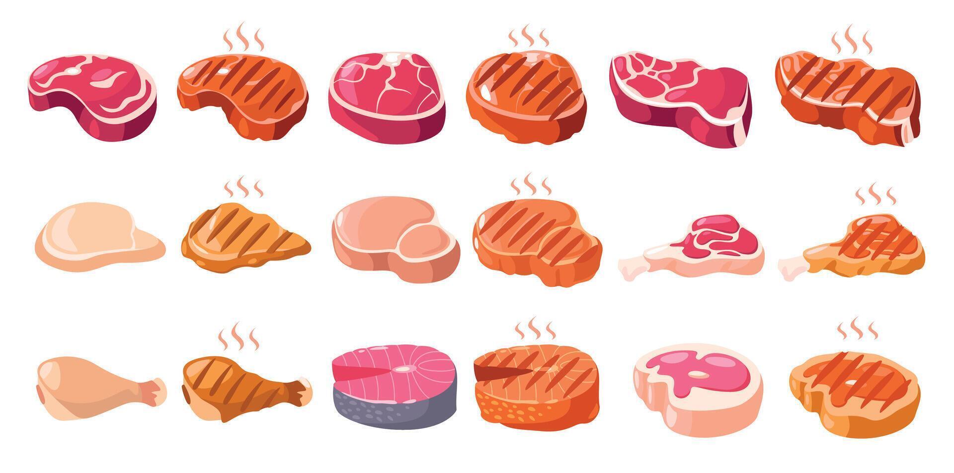 vlees lende. tekenfilm gesneden slagerij steaks voor barbecue, gekookt gegrild geroosterd varkensvlees, rauw rundvlees rib lam entrecote, vers producten concept. vector vlak reeks