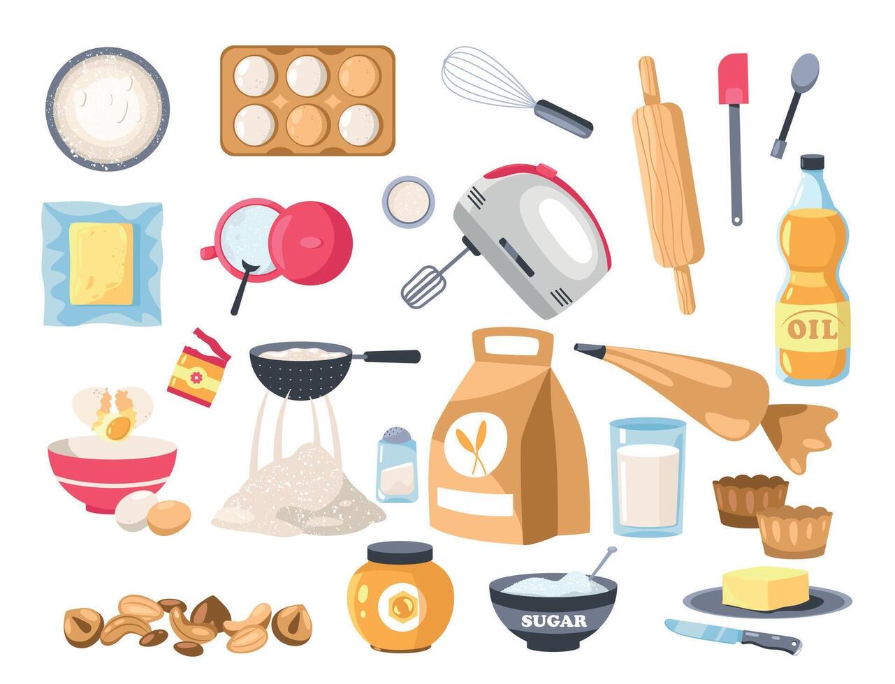bakkerij ingrediënten. tekenfilm meel, suiker en eieren met gereedschap voor bakken toetjes, vlak voedsel verpakking ontwerp. vector voedsel reeks
