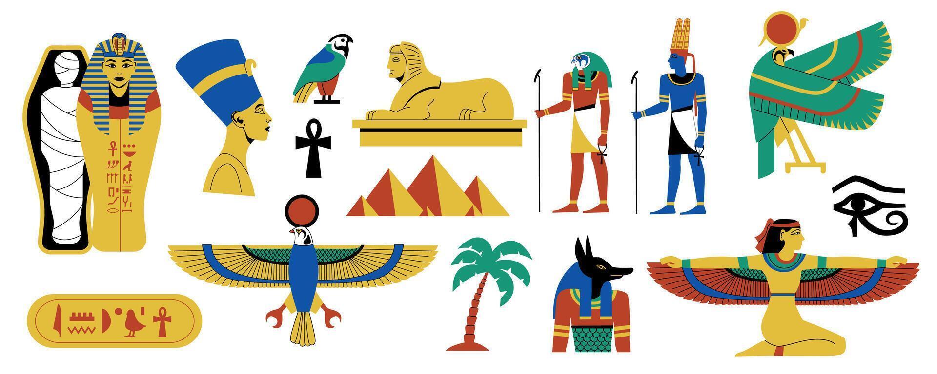 Egyptische symbolen set. oude Egyptische hiërogliefen, papyrus en papier decoratief elementen, oude mythologie en cultuur. vector verzameling