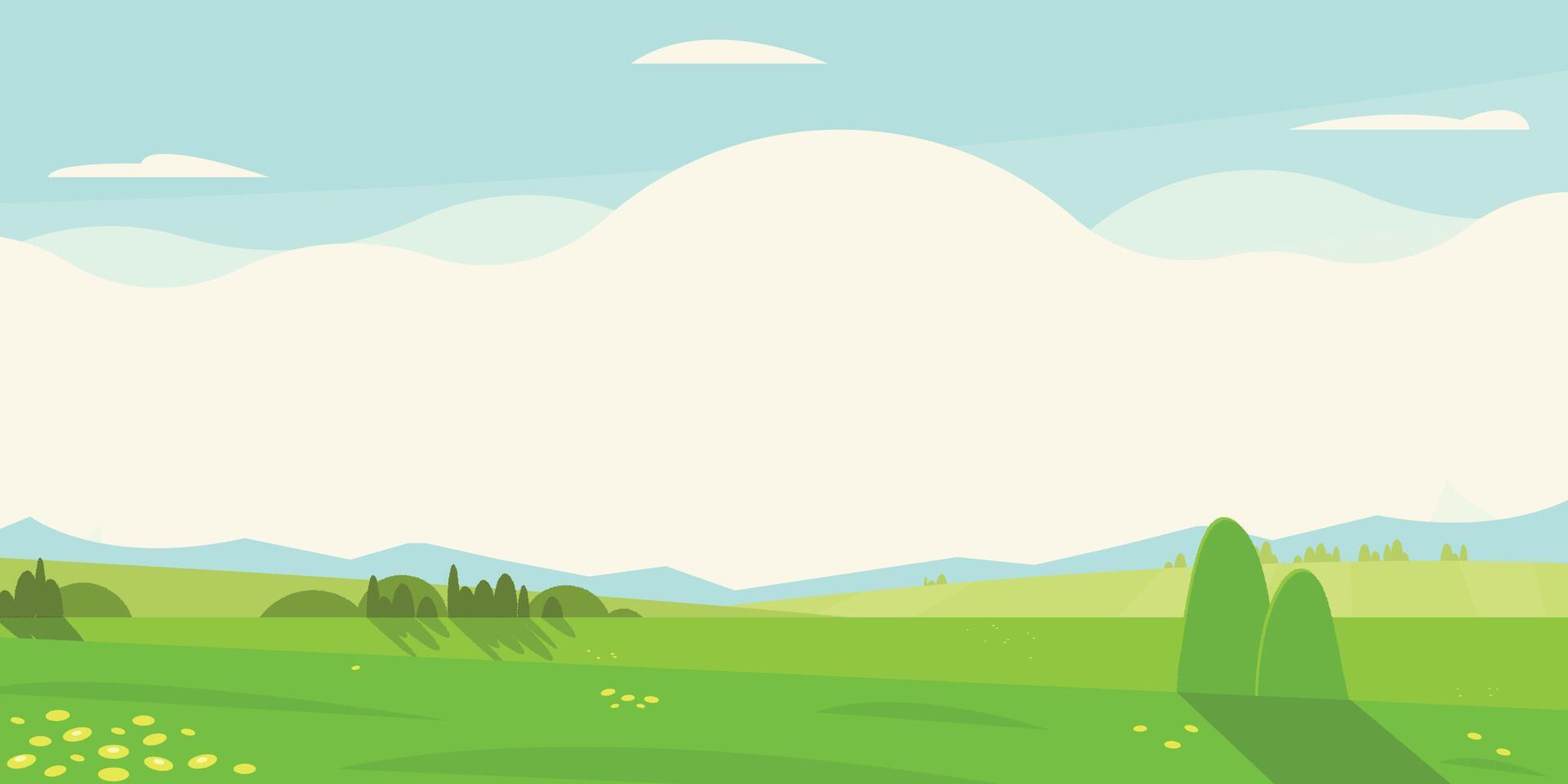 zomer weide achtergrond. boerderij panorama met landelijk bloemen, platteland landschap met bomen en gras, wolk bunner voor tekst. vector illustratie