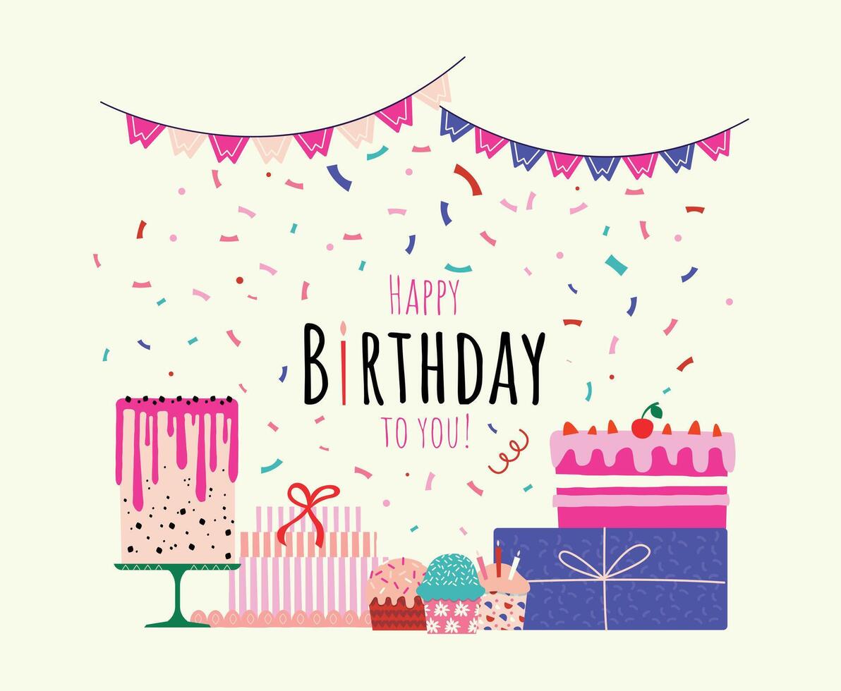 verjaardag viering taart kaart. groet schoonschrift tekst met schattig kleurrijk muffins en snoepjes. vector verrassing partij uitnodiging kaart