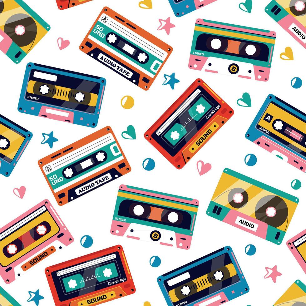 plakband cassette patroon. naadloos afdrukken van oud verouderd plakband audio cassette, retro stereo muziek- plakband structuur voor omhulsel papier. vector illustratie