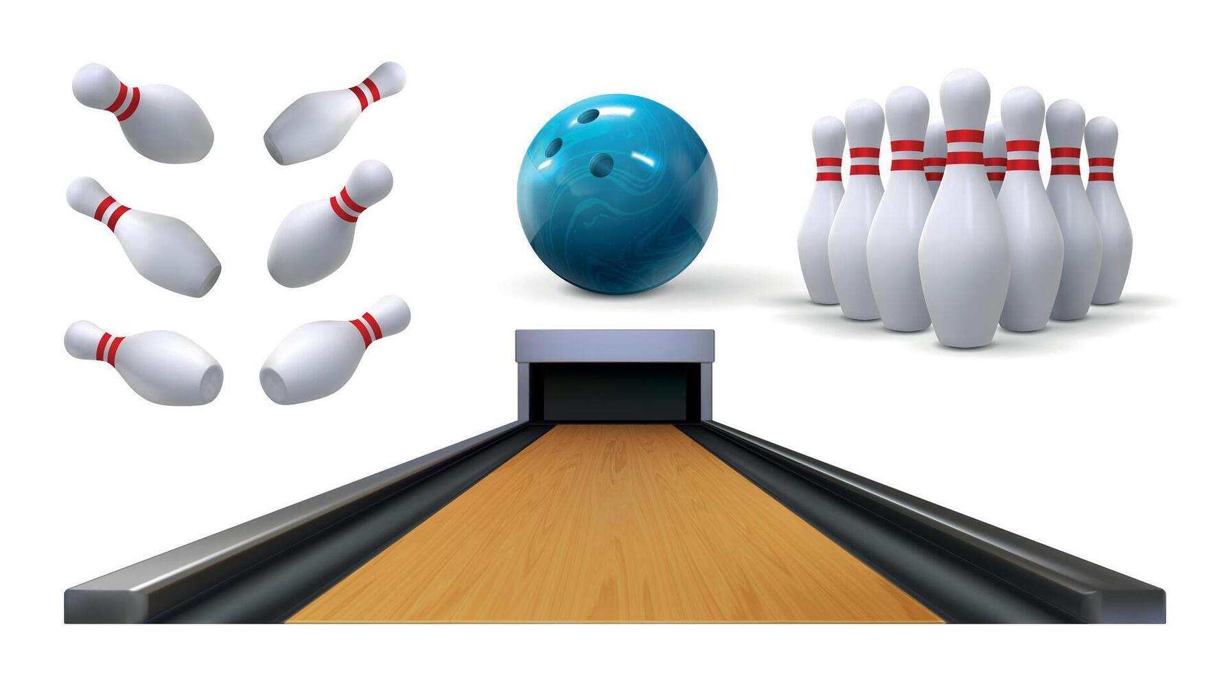 realistisch bowling elementen, gaming ballen, kegelvormig Clubs en spoor. sport professioneel hulpmiddelen, spel kegelen vallend en staand vector reeks