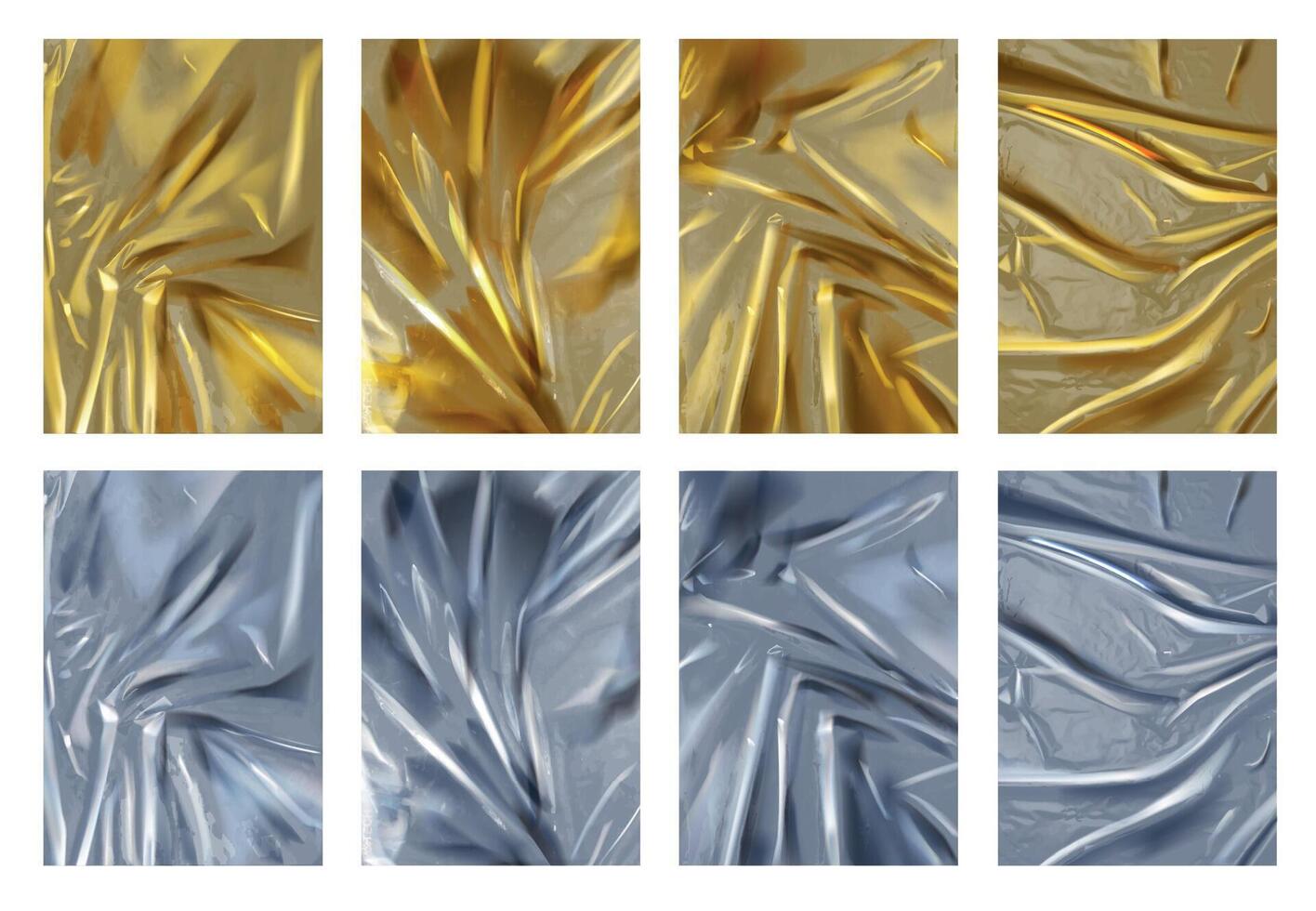 realistisch structuur van verfrommeld zilver en gouden folie bladen. 3d glimmend aluminium en goud materiaal met vouwen. luxe achtergrond vector reeks