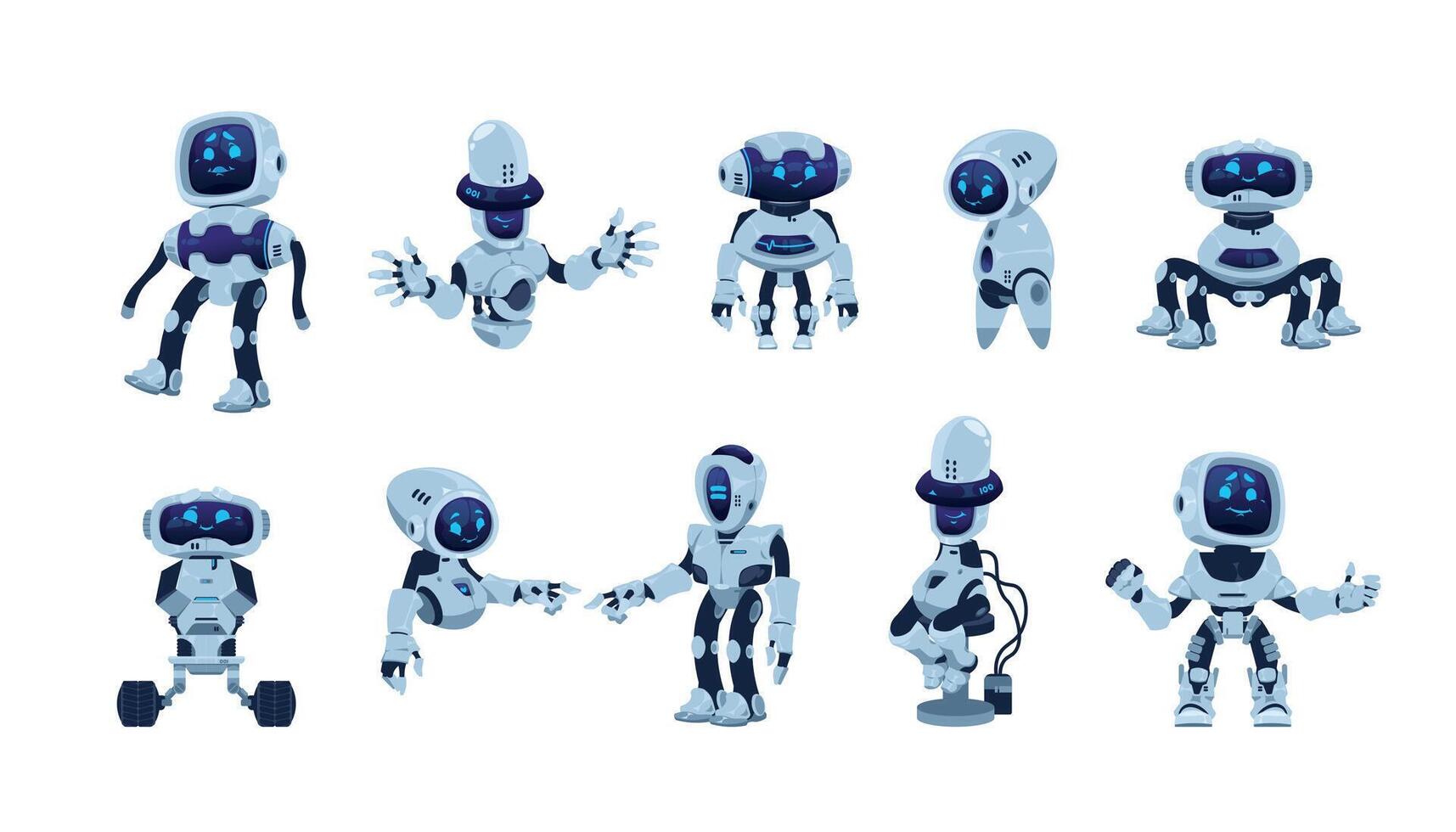 tekenfilm robotten. kunstmatig bot karakter met grappig gezicht, armen lichaam en poten, divers ai mascotte. vector futuristische robot geïsoleerd reeks