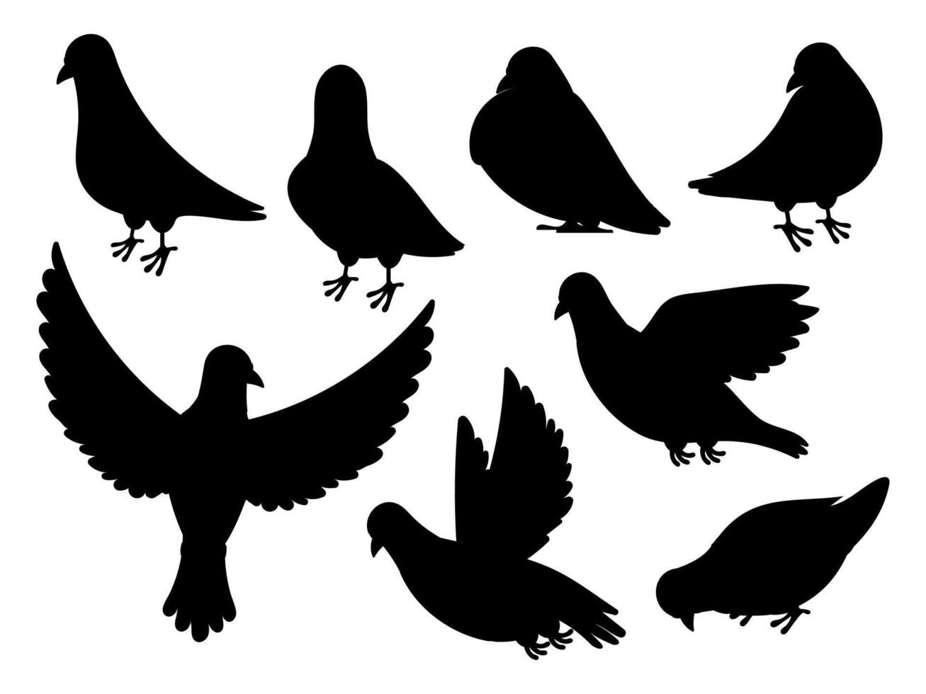 duif silhouet. zwart vliegend staand vogel, duif silhouet geïsoleerd Aan wit. vector dier vorm verzameling