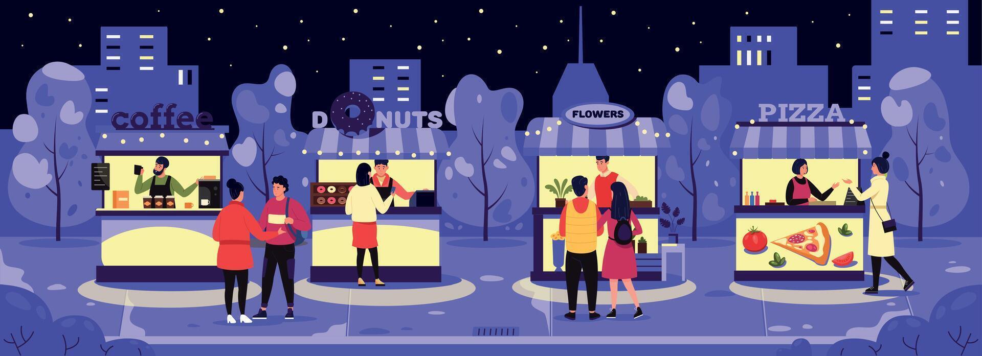 nacht straat markt. tekenfilm landschap van lokaal festival met kruidenier kraam fruit stand groente kiosk, verkoper boeren en kopers karakters. vector illustratie