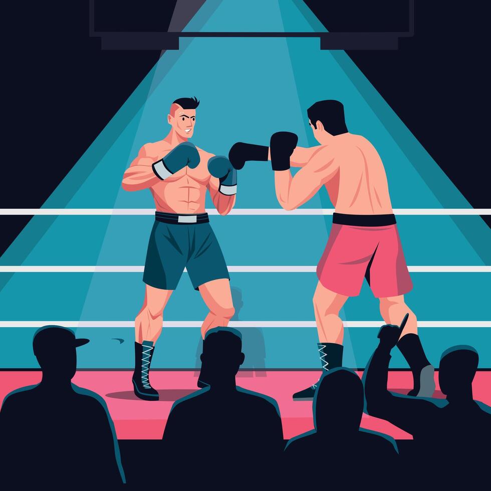 strijd Aan doos ring. tekenfilm gespierd boksers boksen en het worstelen Aan sparren arena, sterk zwaargewicht vechter ponsen tegenstander in handschoenen. vector illustratie