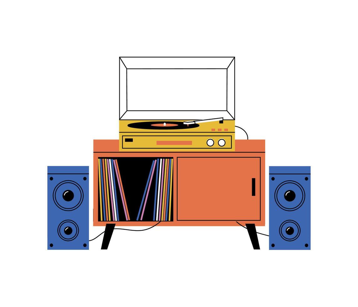 vinyl speler. tekenfilm retro analoog draaitafel Vermelding roterend schijf Aan dressoir, oud school- audiofiel muziek- apparaat, huis inrichting decor. vector vlak illustratie