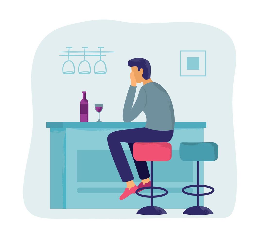 eenzaamheid gevoelens. mannetje karakter zittend Bij tafel in keuken met fles van wijn en glas. Mens in depressie vector