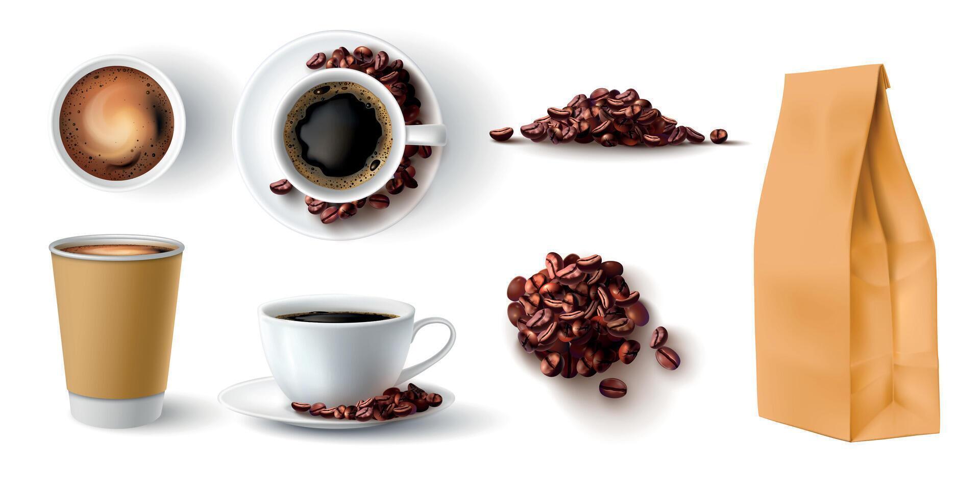 realistisch koffie kopjes, papier pakket en bonen stapel top visie. vers espresso, latte en cappuccino drankjes met schuim. barista cafe vector reeks