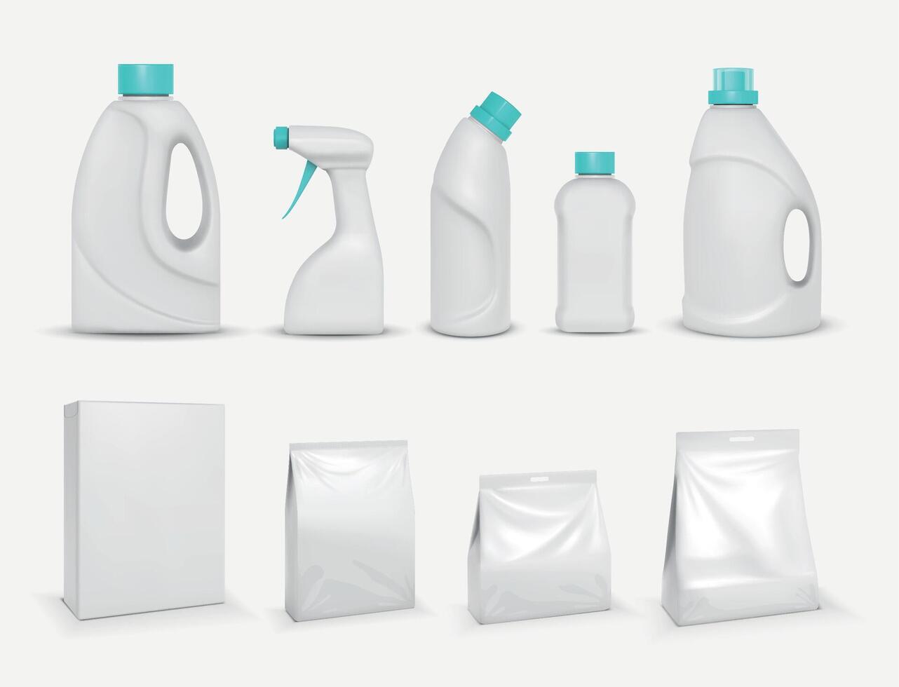 realistisch , bleekmiddel, verzachter in fles. het wassen poeder, kleding stof schoonmaakster Product mockup vector reeks