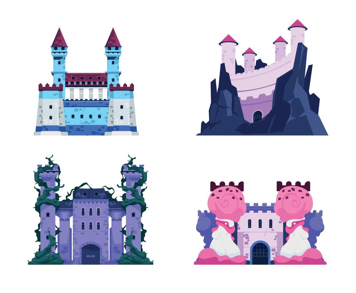 sprookje kastelen. tekenfilm middeleeuws historisch vesting met torens, steen muren en houten poort, oud koninkrijk paleis vector