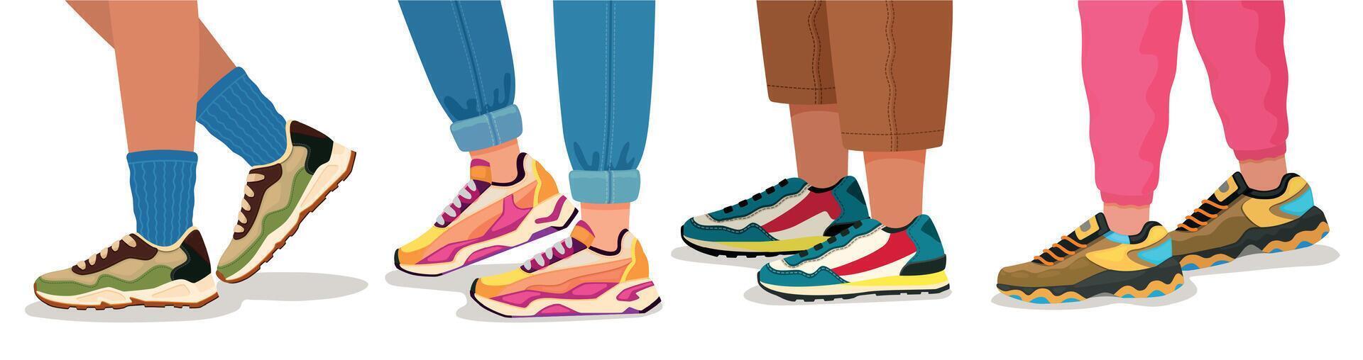 voeten in sportschoenen. vrouw en mannetje wandelen poten in sport schoenen met sokken, broek en jeans. modieus mode geschiktheid schoenen vector concept