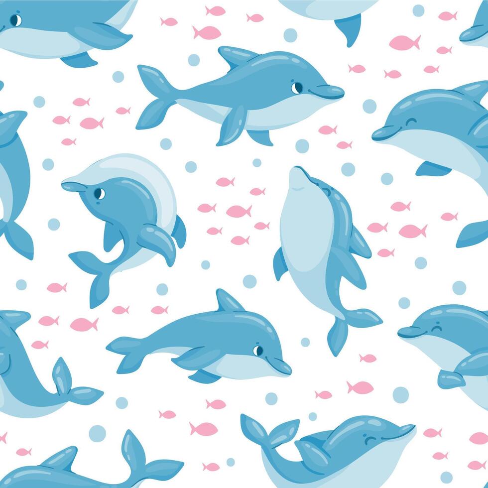 tekenfilm dolfijn naadloos patroon. schattig baby marinier afdrukken met oceaan dier, vis. dolfijnen zwemmen en springen. zee walvis dolfijn vector structuur