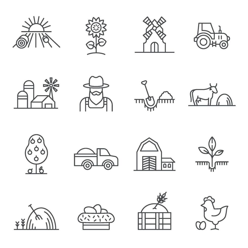 boerderij lijn icoon, tractor, boer, velden en rietje. landbouw landschap met natuurlijk producten, molen, koe en kip. landelijk logo vector reeks