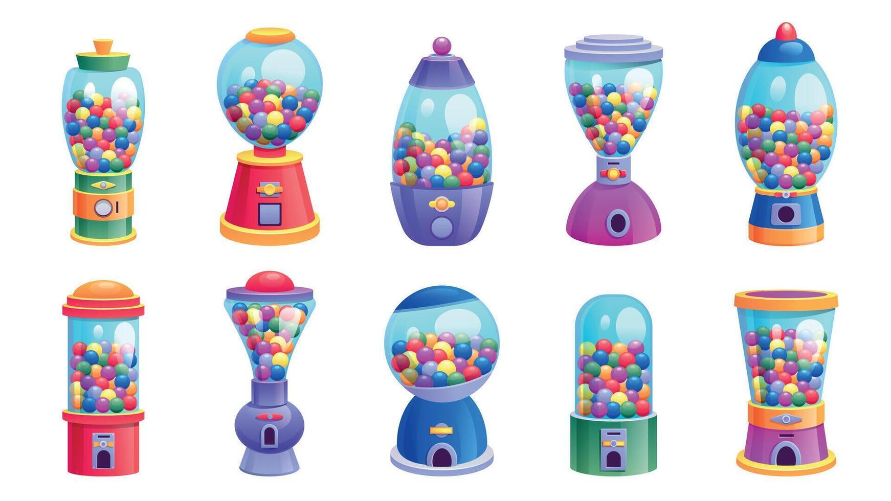 snoep verkoop machine. tekenfilm bal gom met kleurrijk snoepgoed, retro verkoop machine met bubbel kauwgombal capsules. vector geïsoleerd reeks