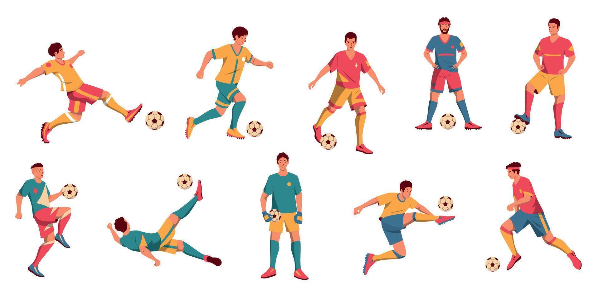 verschillend Amerikaans voetbal spelers. tekenfilm verschillend mannetje tekens spelen Amerikaans voetbal, mannetje atleten in kleurrijk sportkleding. vector verzameling