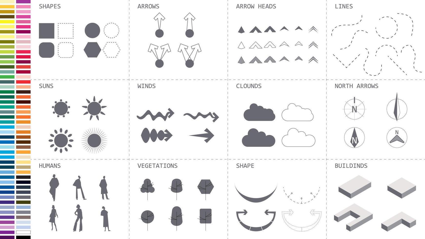 architectuur plaats analyse symbool icoon element tekening grafisch vlak geïsoleerd vector. architectuur element lijn zon wind geluid zon pad vegetatie. vector