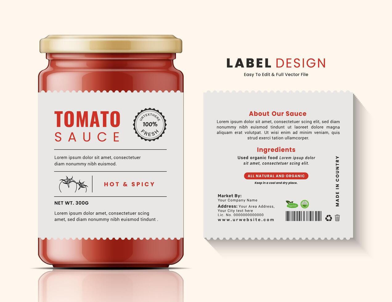 tomaat saus minimaal etiket fles pot voedsel schoon sticker verpakking etiket ontwerp. vector