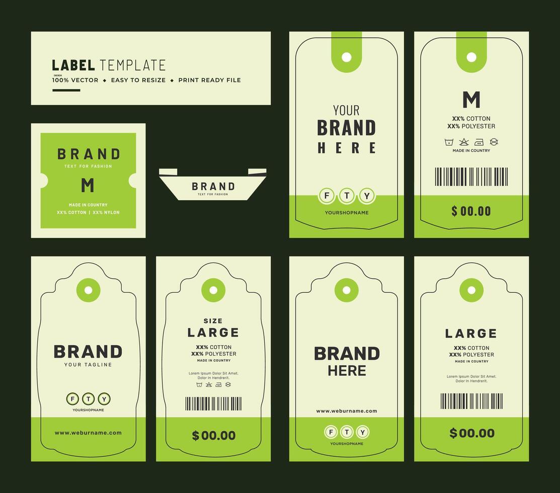 hangen label etiket en prijs label kleding zorg etiket ontwerp innovatie kledingstukken accessoires duurzaamheid verpakking ontwerp en wijnoogst mode Product. vector