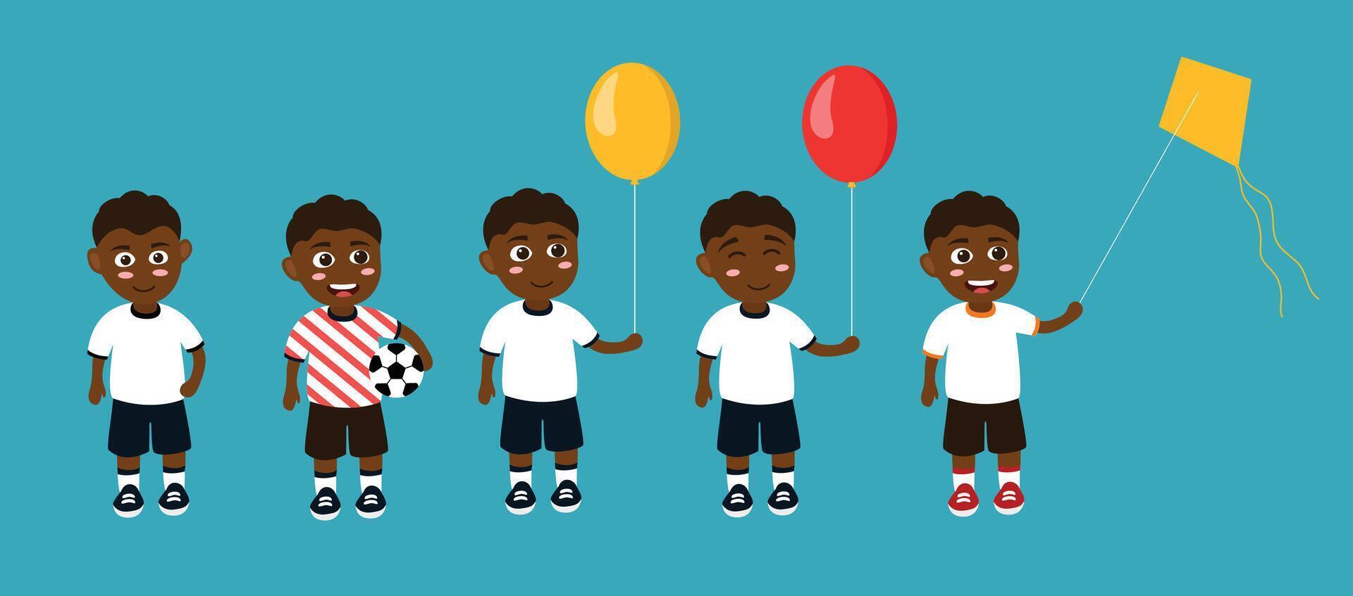 weinig Afrikaanse Amerikaans kinderen jongen set. schattig zwart kinderen Speel activiteiten, Holding bal, vlieger, en ballon vector illustratie