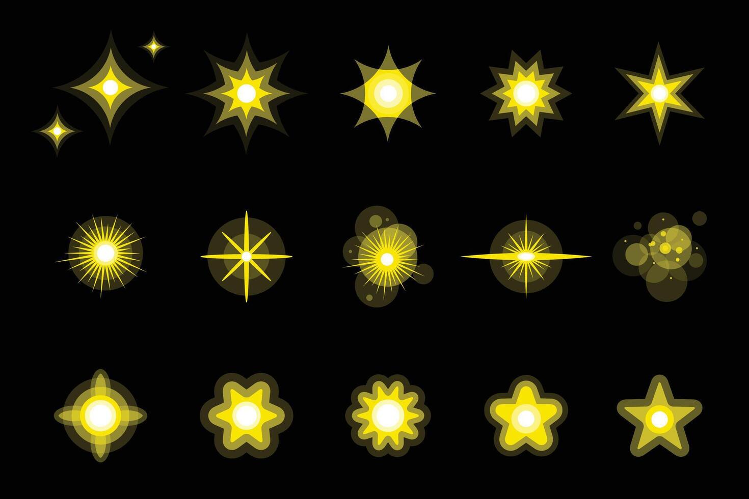 sprankelend sterren, sterren barsten en knippert lichten. verzameling van verschillend licht Effecten Aan zwart achtergrond vector