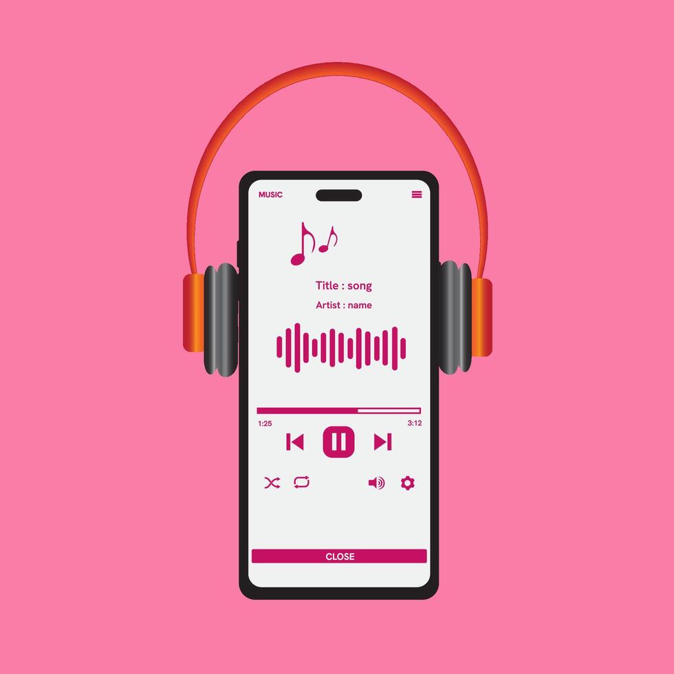 online radio muziek- streaming onderhoud concept met mobiele telefoon, hoofdtelefoons en afspeellijsten. vector audio speler en online omroep internet media apparaat.