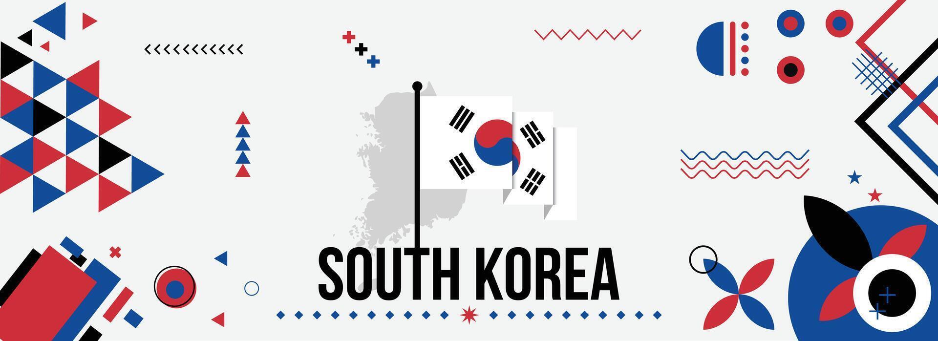 zuiden Korea nationaal of onafhankelijkheid dag banier voor land viering. vlag en kaart van zuiden Korea met verheven vuisten. modern retro ontwerp met typorgaphy abstract meetkundig pictogrammen vector