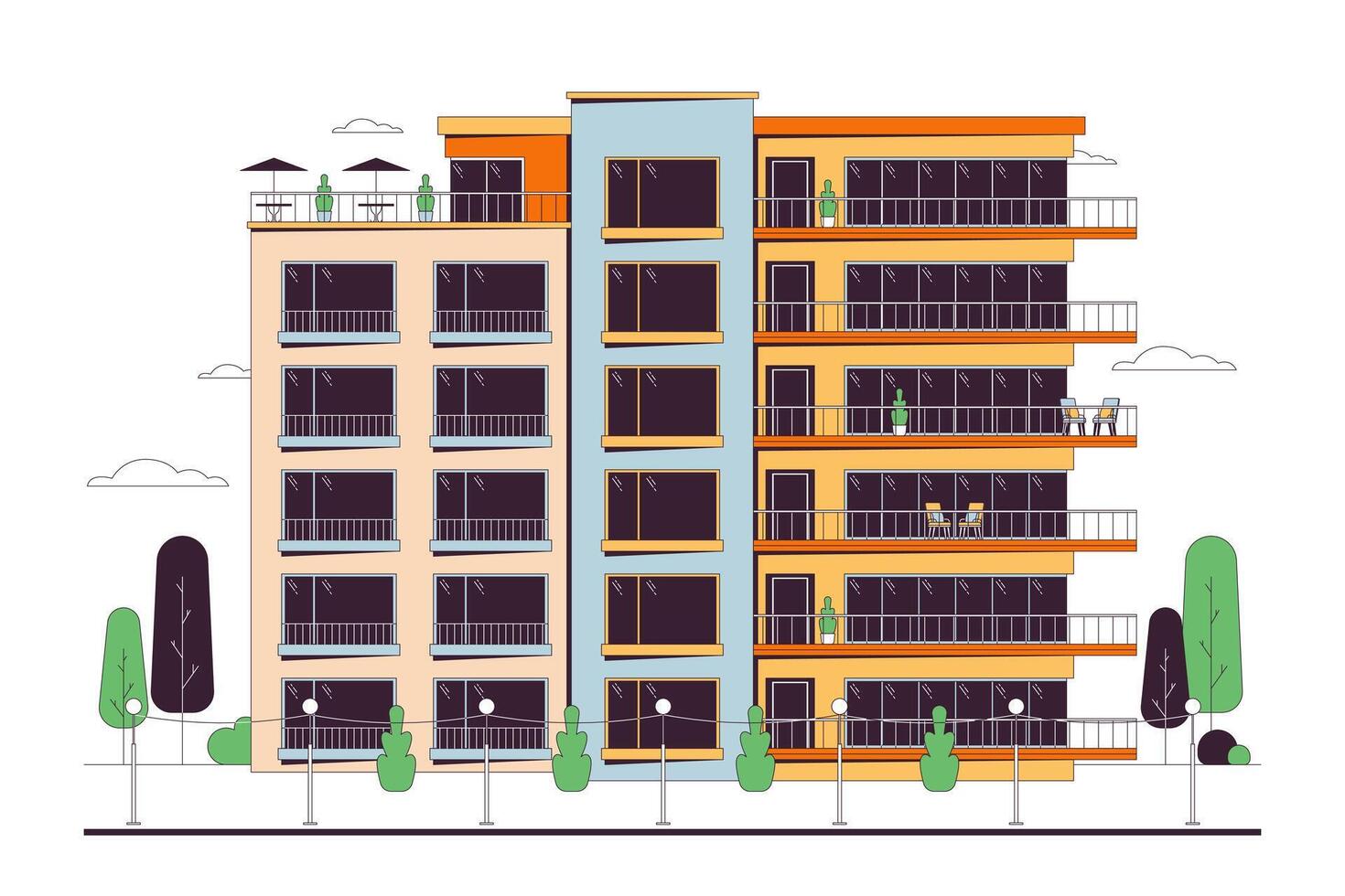 flats condominium met balkons lijn tekenfilm vlak illustratie. voorkant visie gebouw flat buitenkant 2d lijn kunst voorwerp geïsoleerd Aan wit achtergrond. echt landgoed behuizing tafereel vector kleur beeld