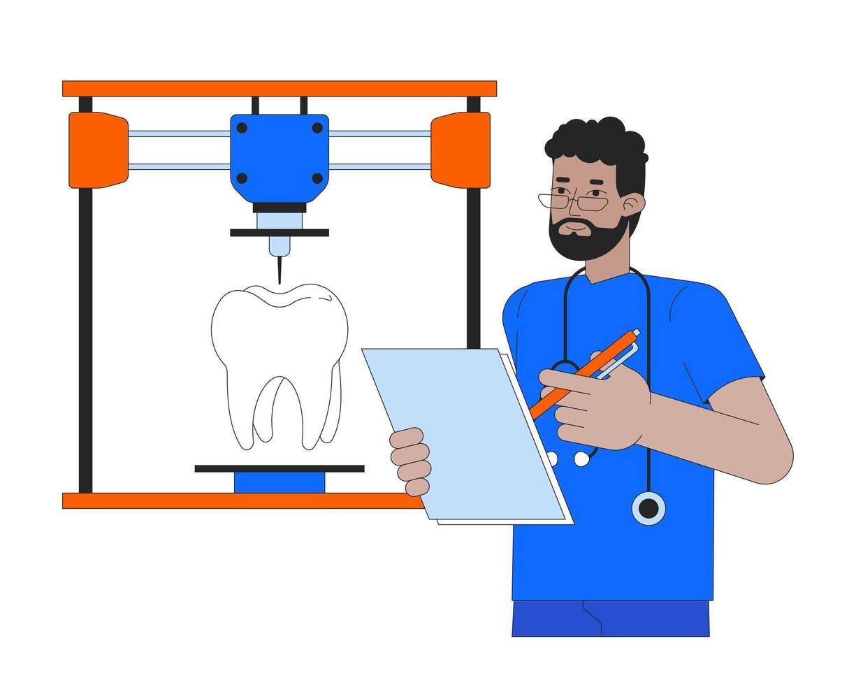 3d het drukken van menselijk tand lijn tekenfilm animatie. biomimetisch herstellend tandheelkunde 4k video beweging grafisch. printer orthodontist 2d lineair geanimeerd karakter geïsoleerd Aan transparant achtergrond vector