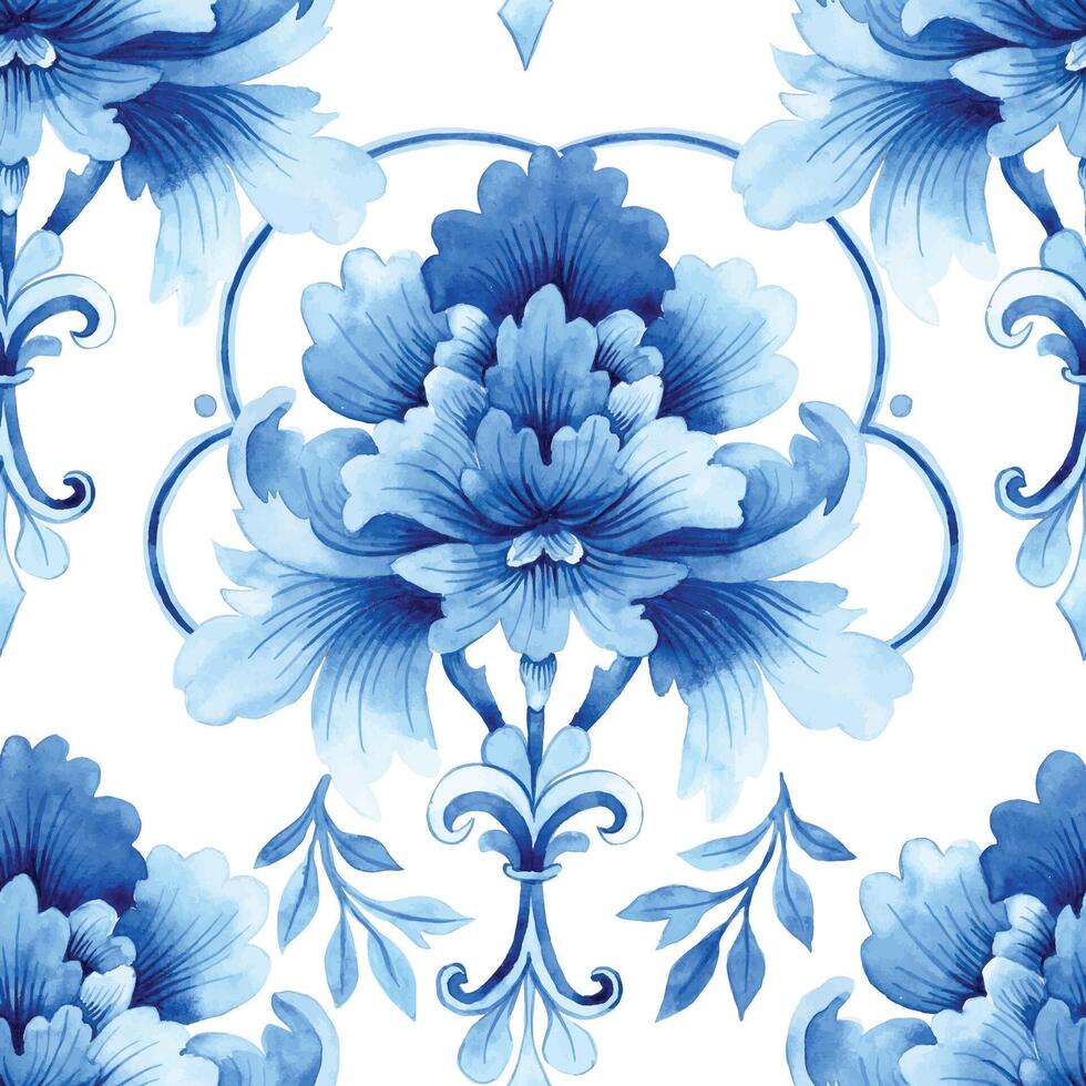 waterverf naadloos patroon met blauw damast ornament. klassiek wijnoogst ornament vector