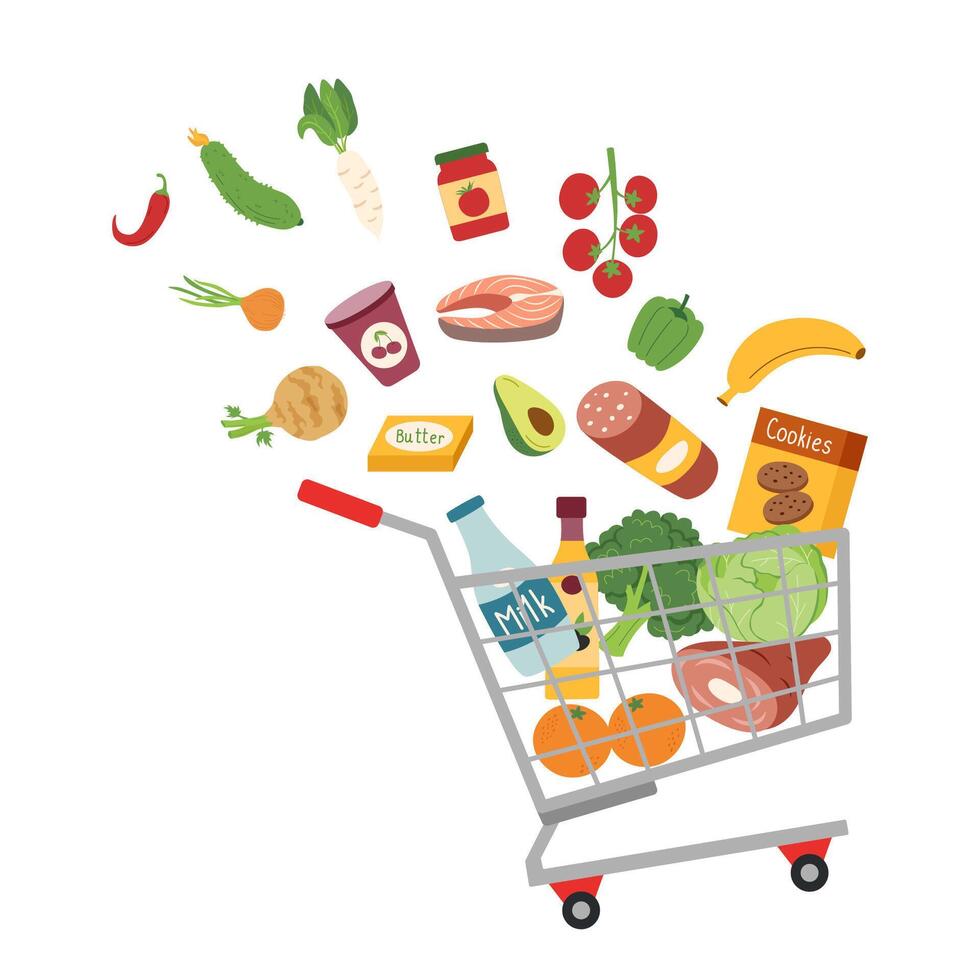 boodschappen doen kar met voedsel geïsoleerd Aan wit achtergrond. voedsel boodschappen doen concept. vector