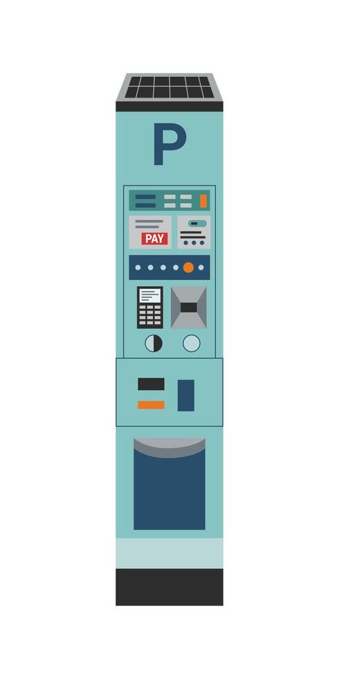 zelf betalen parkeren meter met zonne- paneel Aan top geïsoleerd Aan wit achtergrond. technologie concept. contactloos betaling concept. betaling voor parkeren. vector