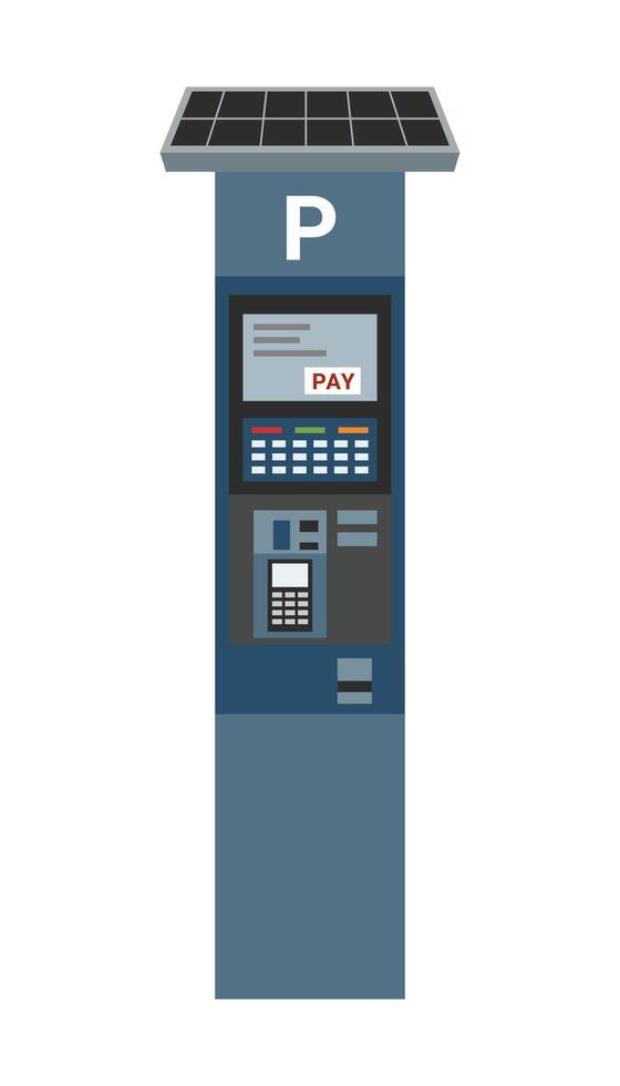 zelf betalen parkeren meter met zonne- paneel Aan top geïsoleerd Aan wit achtergrond. technologie concept. contactloos betaling concept. betaling voor parkeren. vector