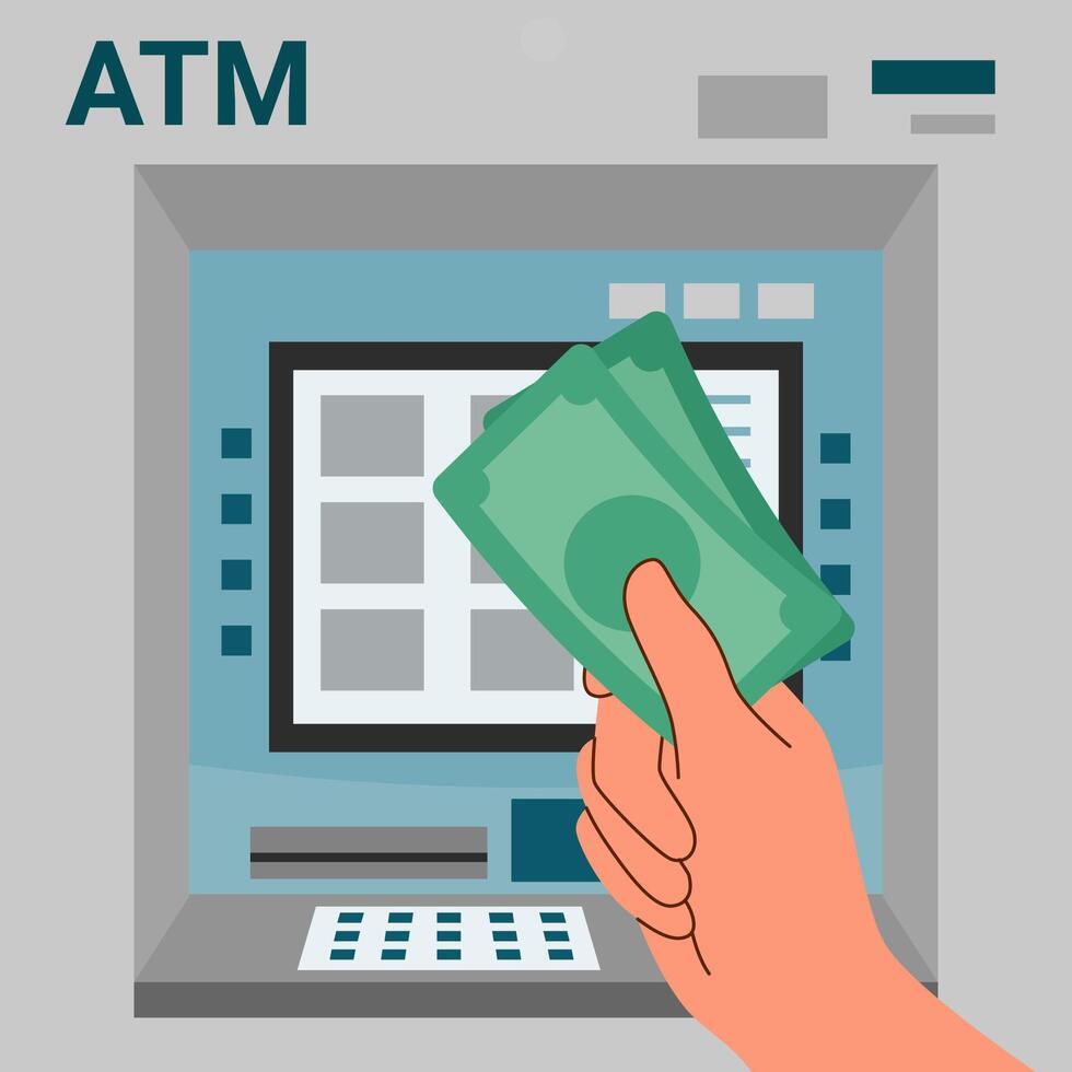 de concept van geld en financiën. een menselijk hand- Holding papier geld in de buurt een Geldautomaat. vector