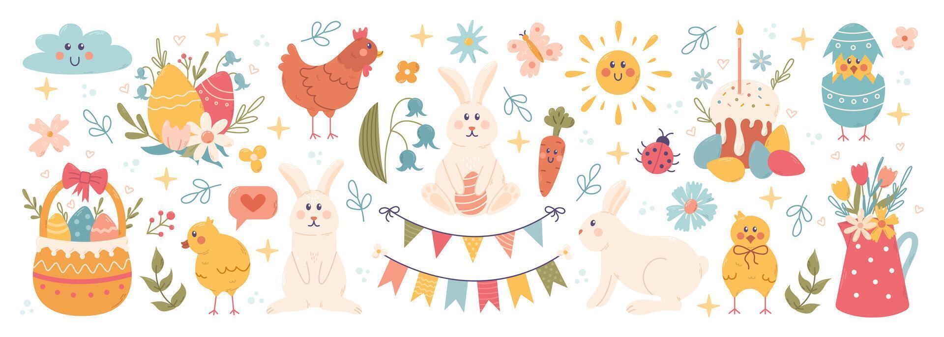 gelukkig Pasen schattig vector groot set. konijn, ei, bloem en andere voorjaar elementen. vector tekenfilm illustratie