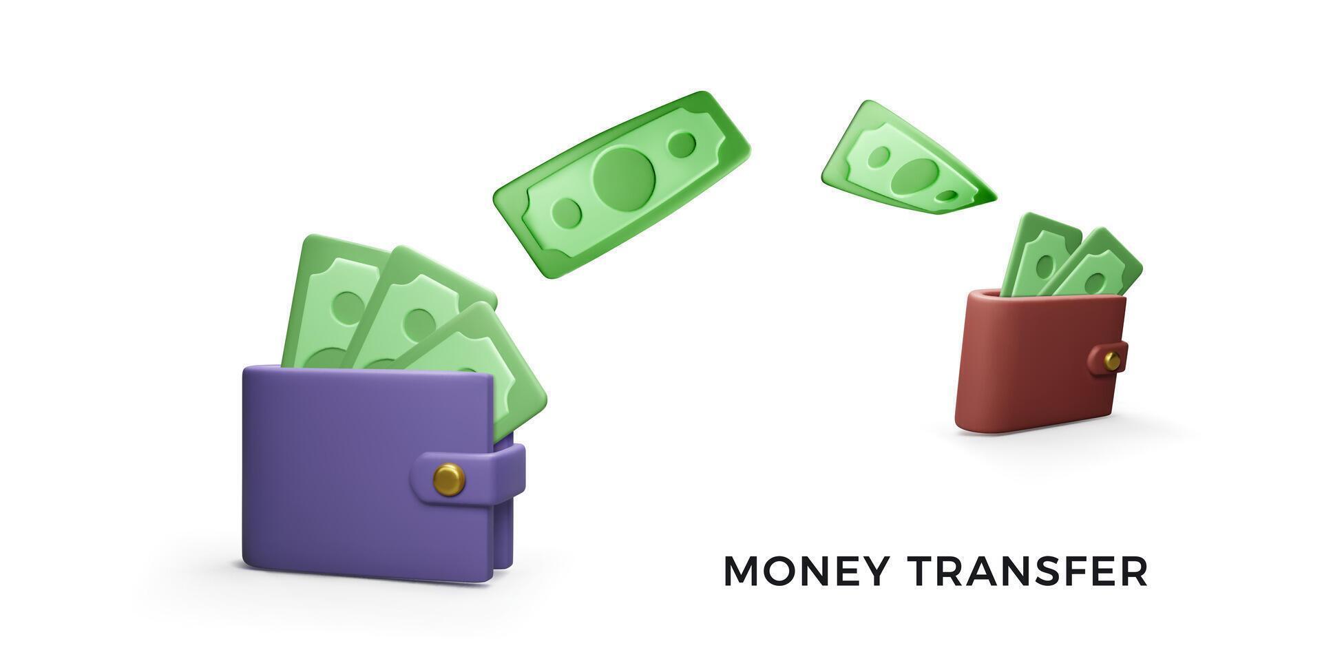 geld transactie concept. 3d portemonnees en overdracht van papier geld. bedrijf en financiën succes. vector illustratie