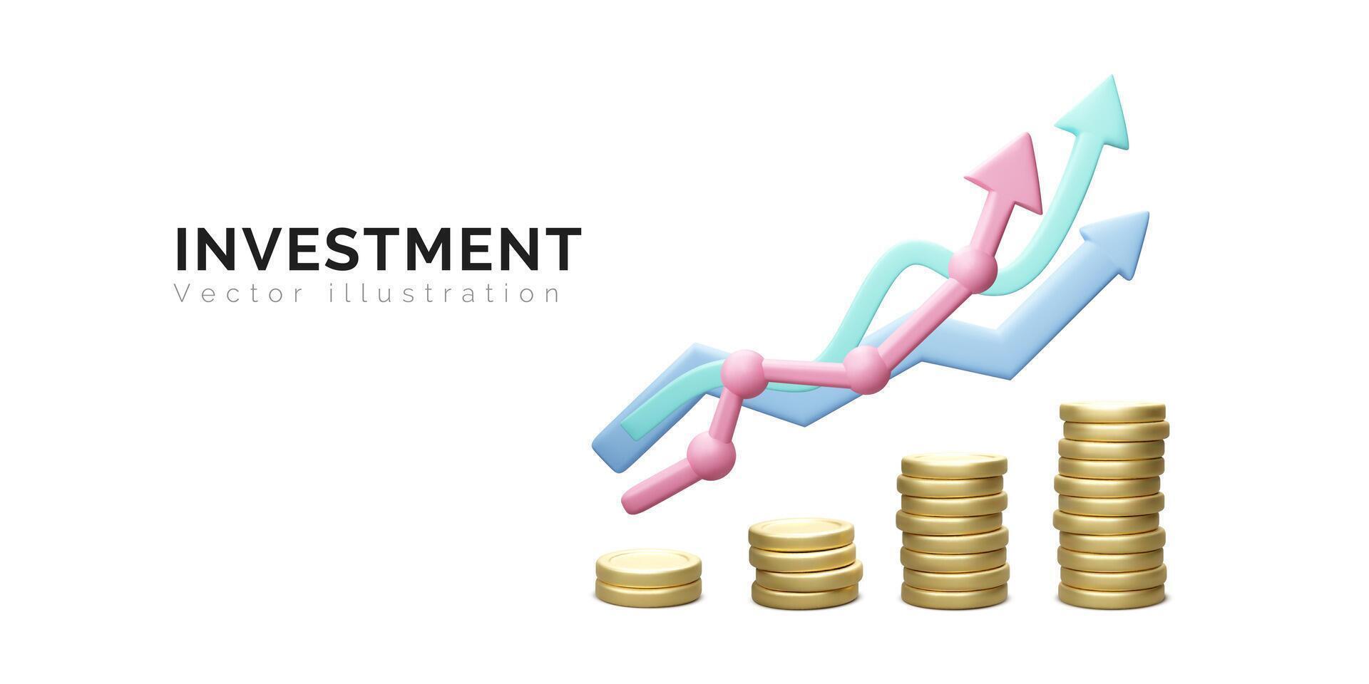 3d geld munt stack en goud pijlen omhoog geïsoleerd Aan wit achtergrond. munt stack groeit bedrijf concept. investering en geld verdienen groei concept. vector illustratie