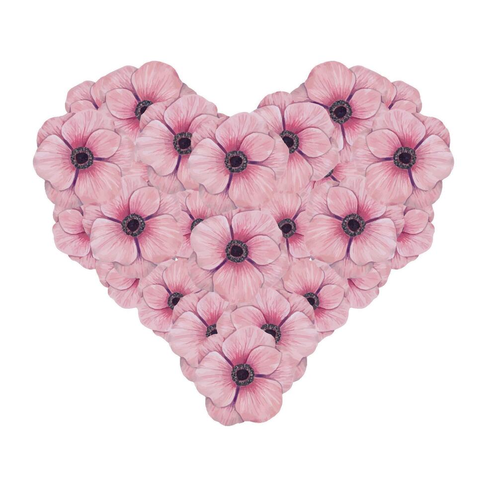 roze anemoon bloemen in de vorm van een hart. waterverf illustratie. botanisch element voor valentijnsdag dag, moeders dag voor bruiloft uitnodigingen, opslaan de dag, groet kaarten. hand- getrokken geïsoleerd kunst vector