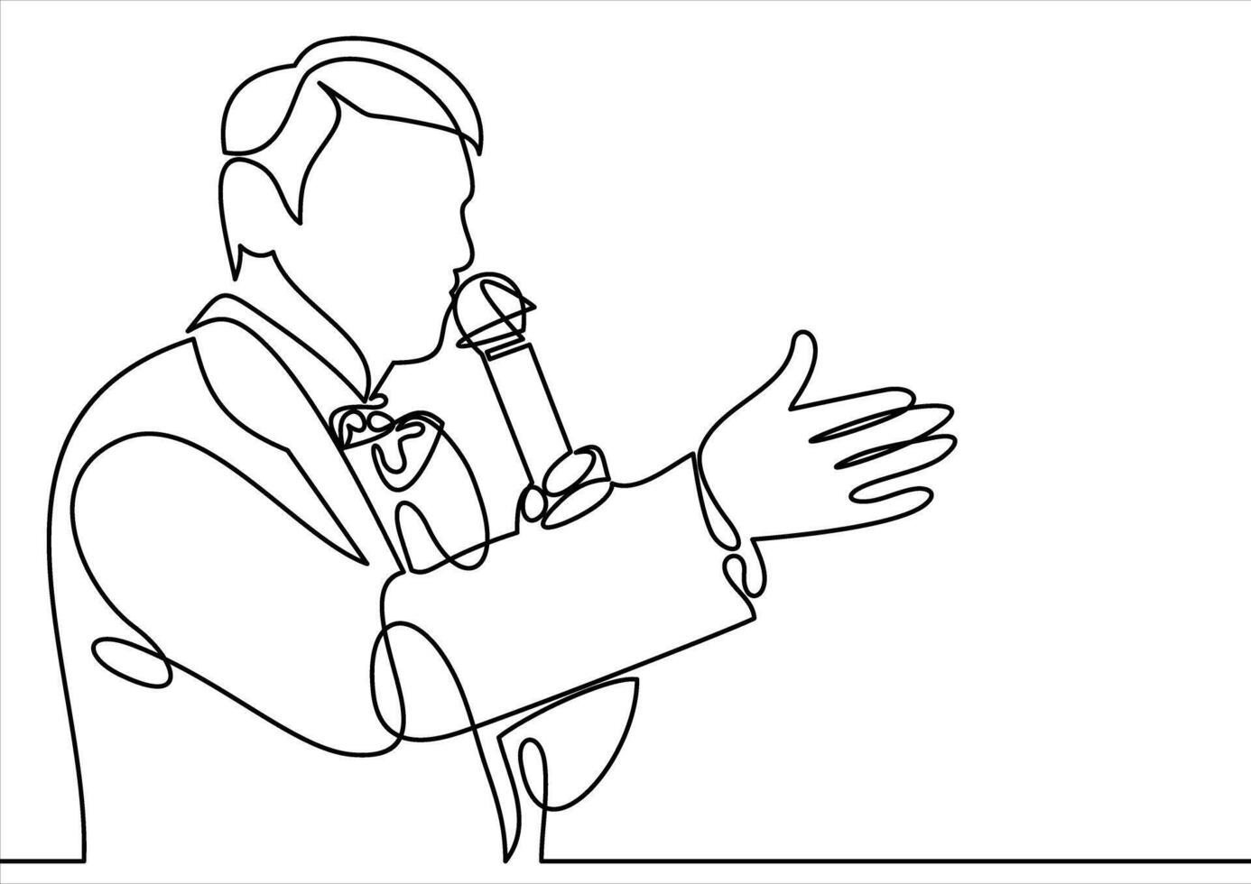 de entertainer. elegant pratend Mens Holding microfoon- doorlopend lijn tekening vector