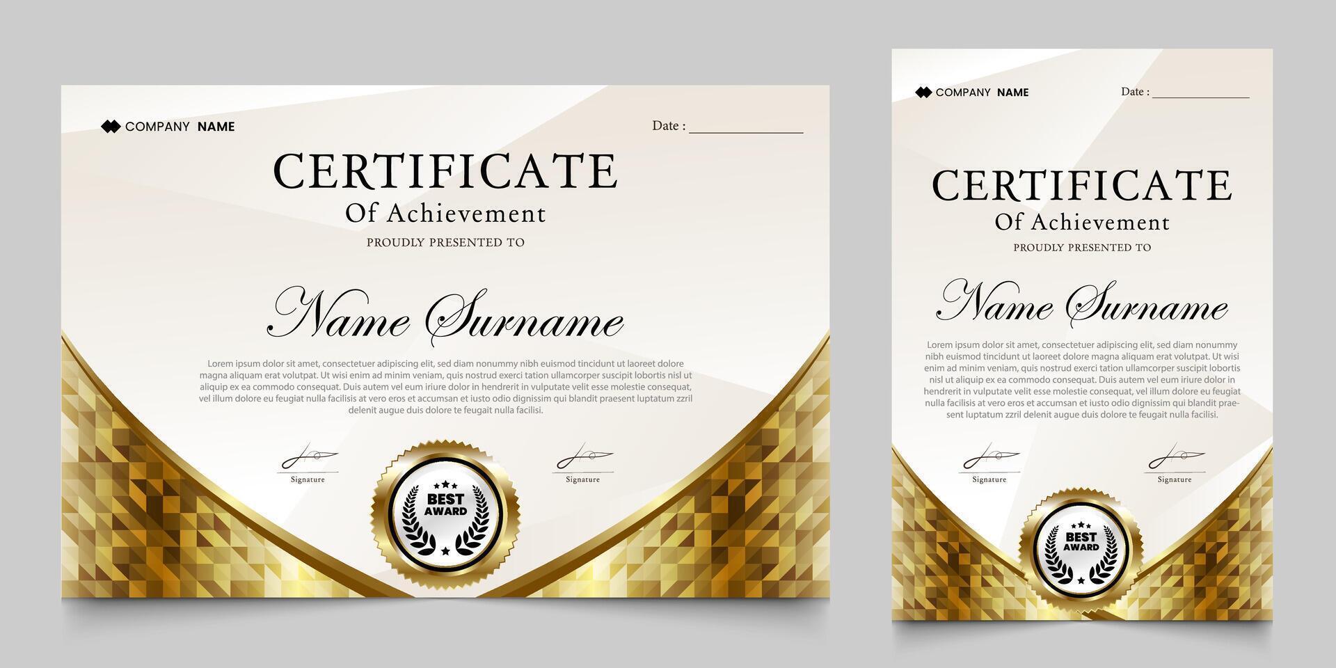 prijs certificaat met een luxueus goud meetkundig mozaïek- achtergrond. diploma uitreiking ontwerp elementen, het beste medewerkers en anderen vector