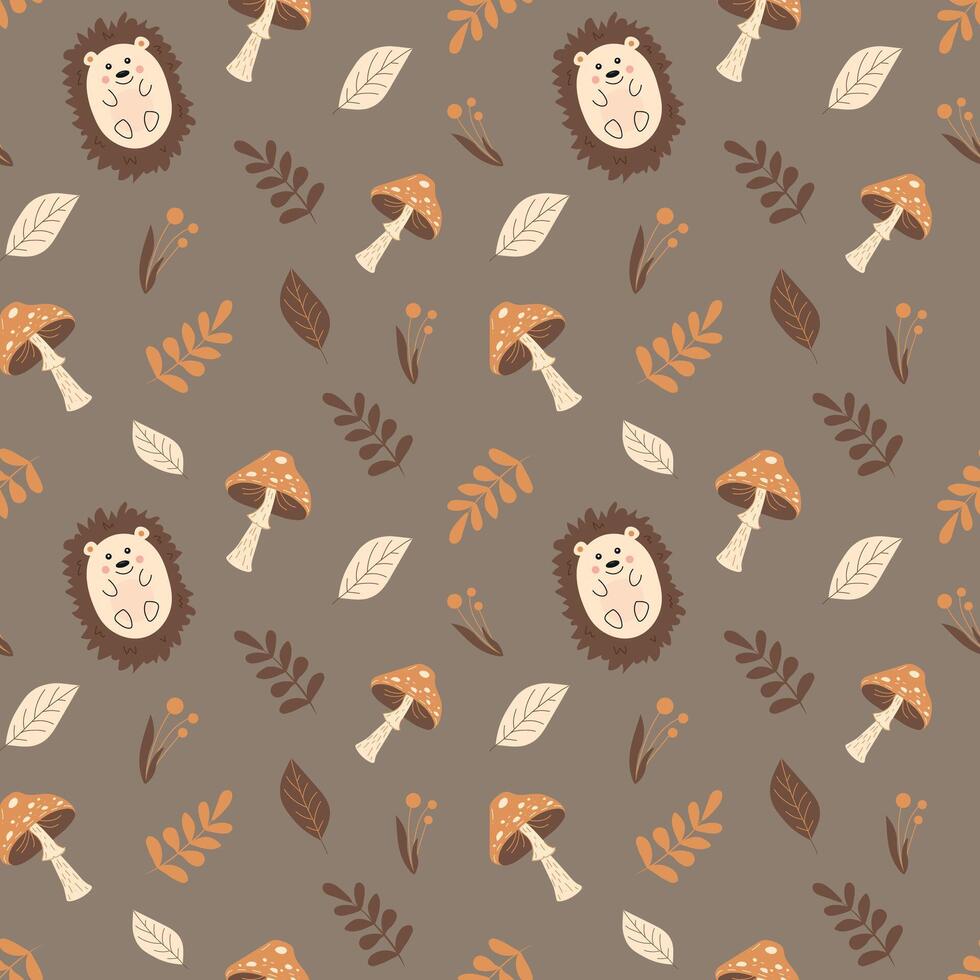 herfst naadloos patroon met schattig egels, bladeren en champignons Aan een bruin achtergrond. patroon voor kleding stof, omhulsel papier, textiel, behang en kleding. vector illustratie