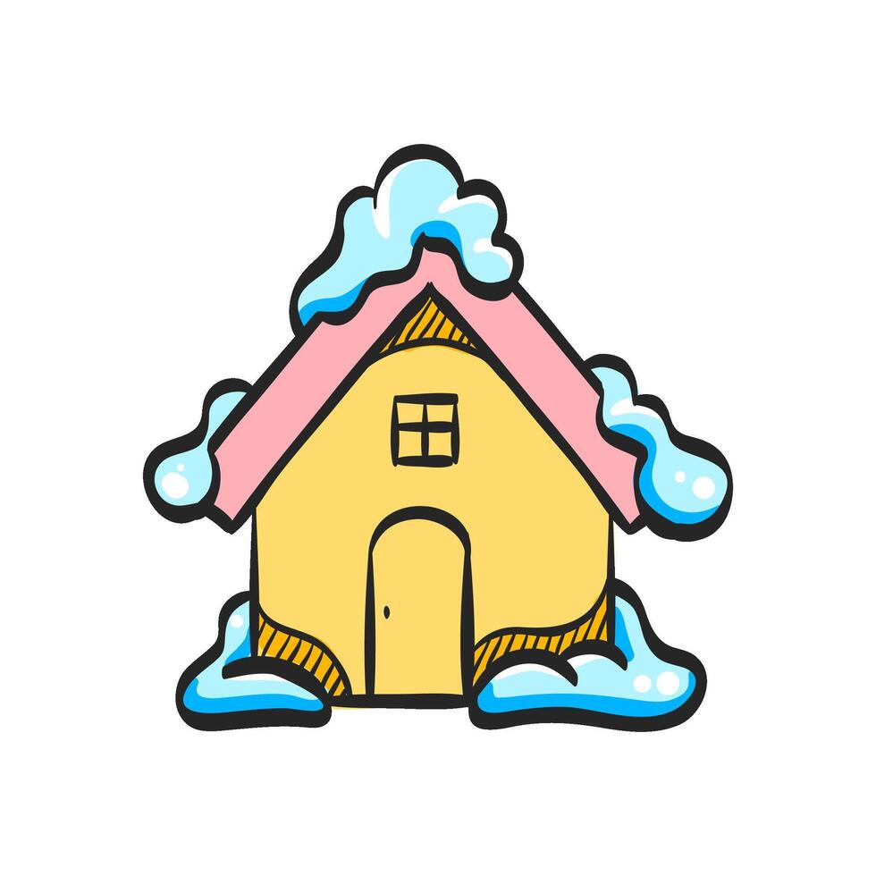 huis met sneeuw icoon in hand- getrokken kleur vector illustratie