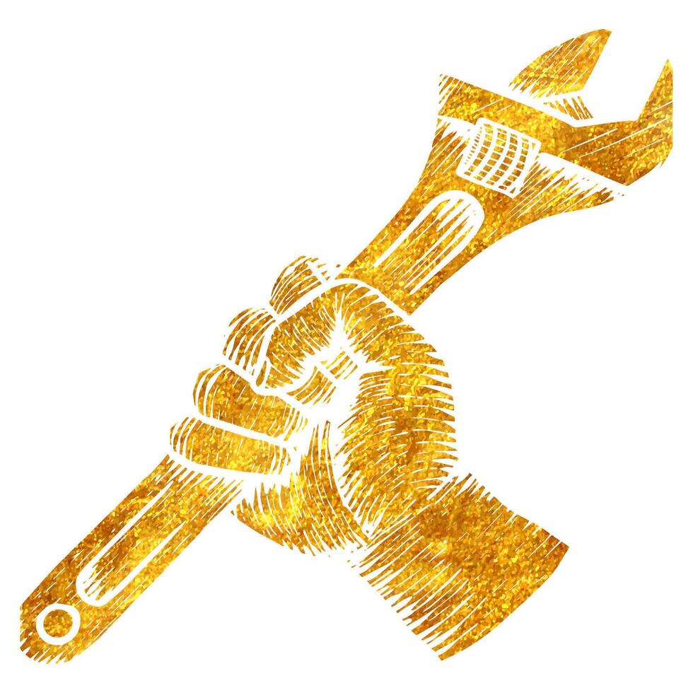 hand- getrokken hand- Holding verstelbaar moersleutel hout gravure in goud folie structuur vector illustratie