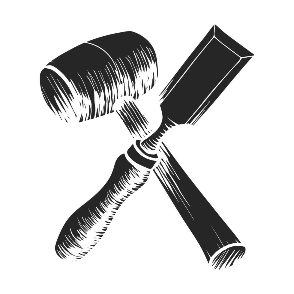 hand- getrokken beitel en hamer icoon houtbewerking gereedschap vector illustratie